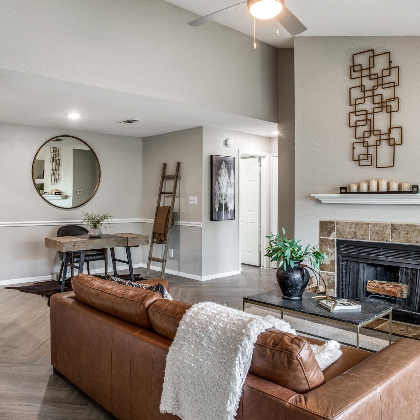 a living room with a fireplace